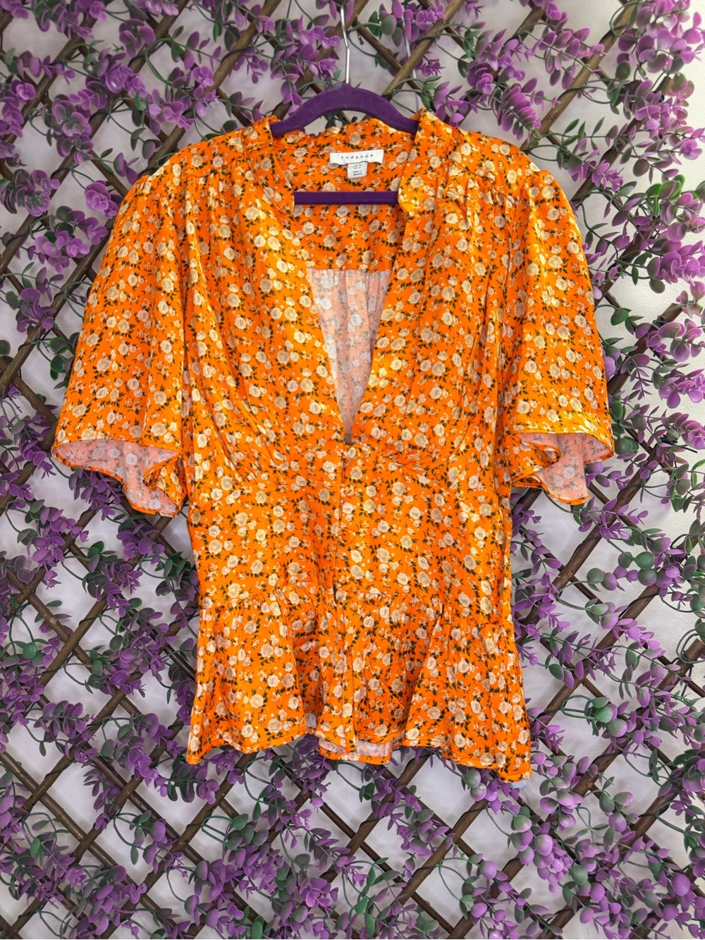 Topshop Orange Floral V-Neck Puff-Sleeve Peplum Blouse